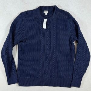NWT J. Crew Heavy Cotton Deep Navy Blue Cable Knit Nautical Crewneck Sweater
